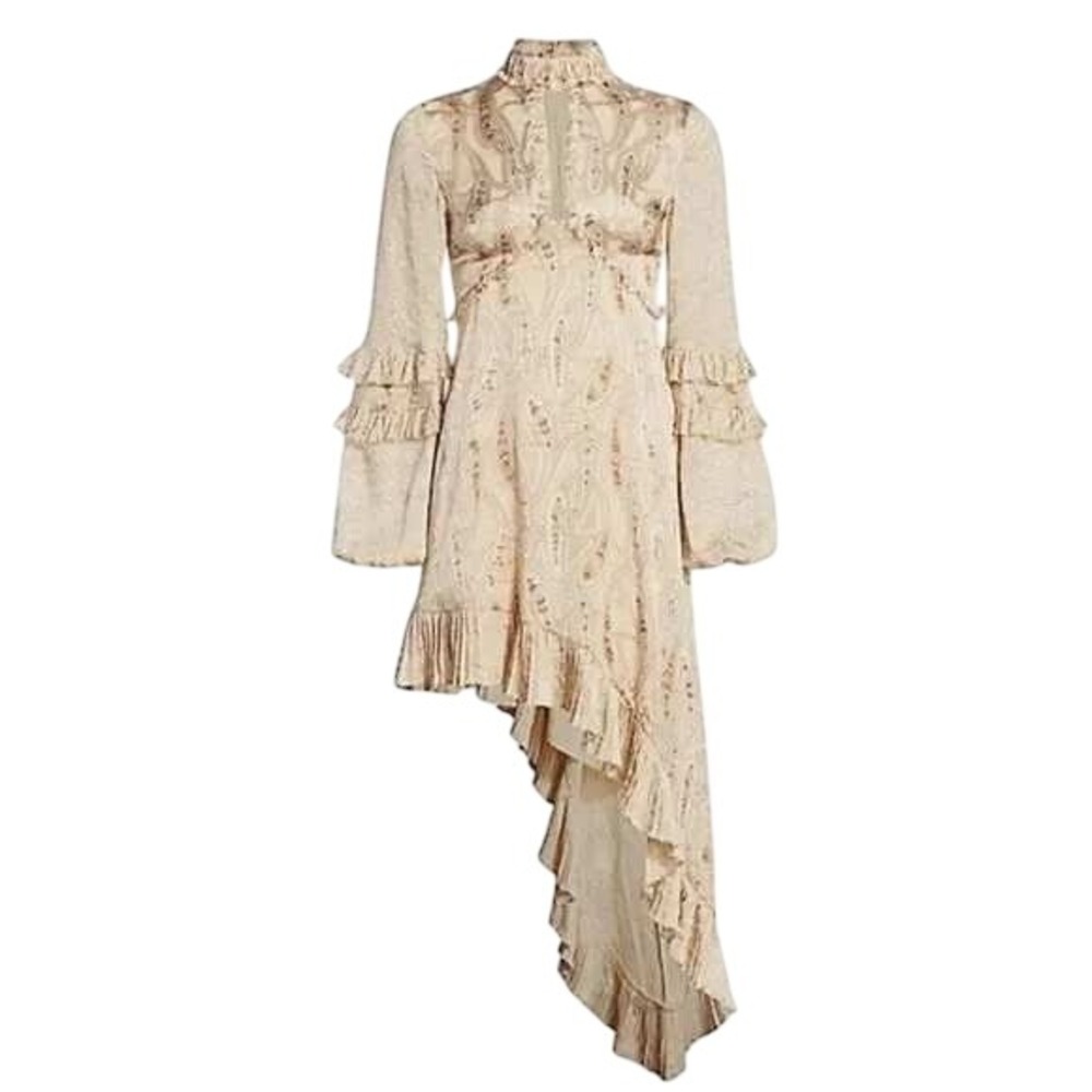 Alexis Cream Paisley Midi Dress with Asymmetric Ruffle Hem